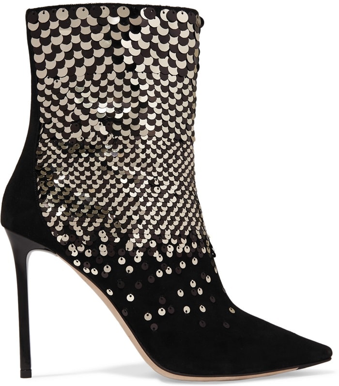 These pointed suede ankle boots are carefully stitched with sparkling black and gold paillettes in a dégradé effect