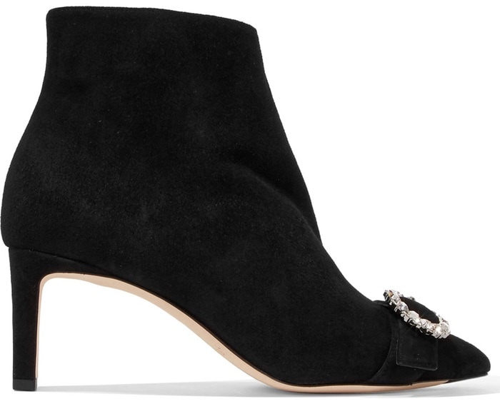 These black suede retro boots are punctuated with a crystal-embellished buckle