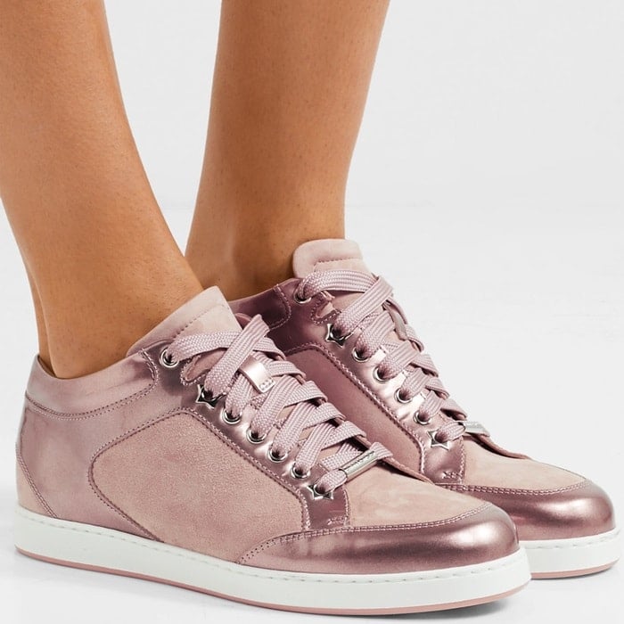 Jimmy Choo's 'Miami' sneakers are the perfect mix of chic and casual. Made in Italy, they're cut from glossy rose gold patent-leather and paneled with soft antique-rose suede. We love how the stars on the sole are revealed as you walk or sit with crossed legs.