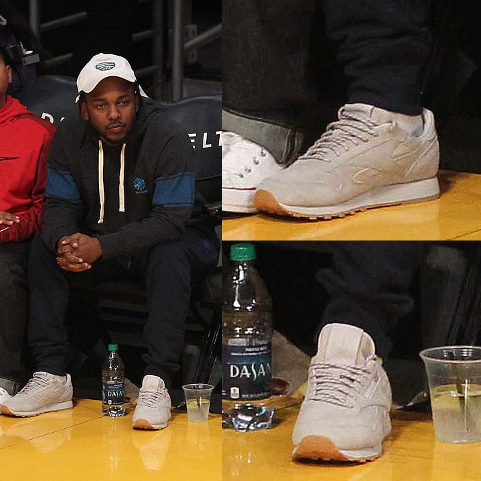 Kendrick Lamar wearing his Kendrick Lamar x Reebok 'Classic Leather' sneakers