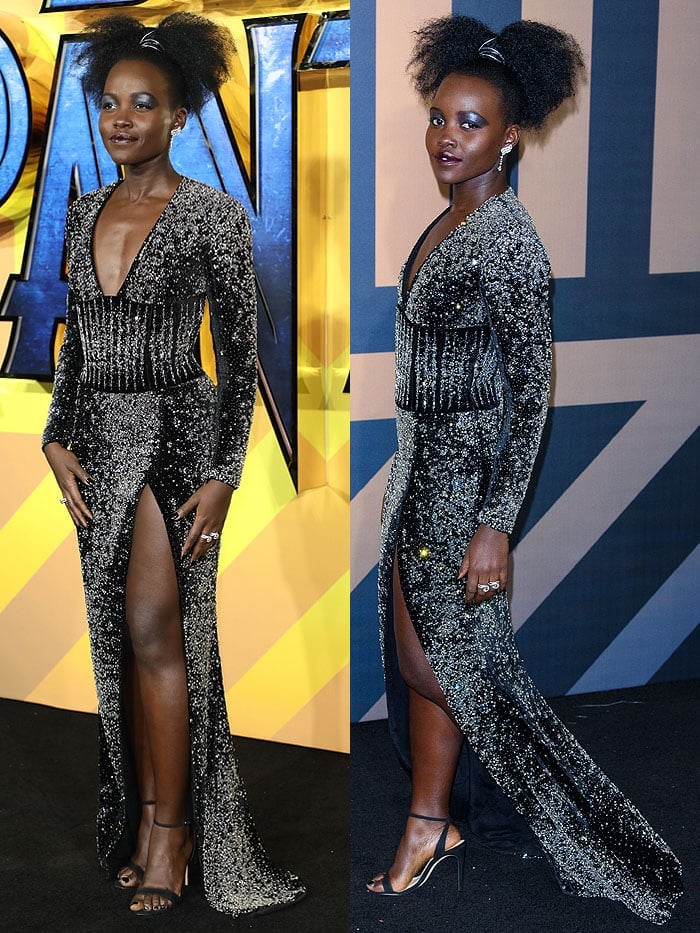 Lupita Nyong'o in a Balmain embellished long-sleeve gown with Alexandre Birman ankle-strap sandals and De Beers "Phenomena Glacier" earrings