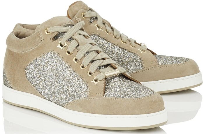 The Miami sneaker in chai features eye-catching shadow coarse glitter fabric with suede sections and boasts a padded ankle for a consciously comfortable fit