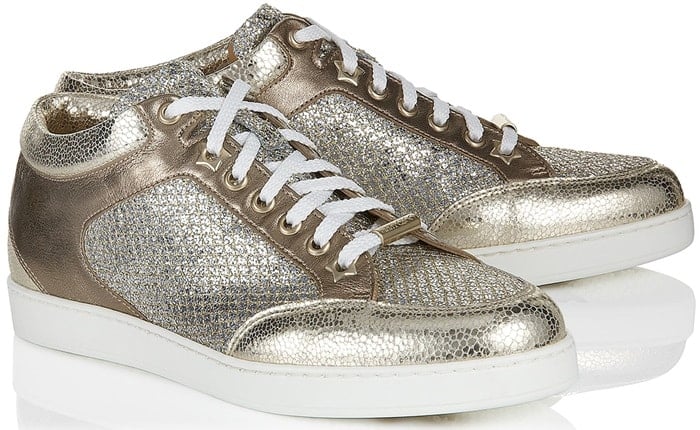 The Miami sneaker in champagne features eye-catching glitter fabric and metallic nappa leather sections and boasts a padded ankle for a consciously comfortable fit