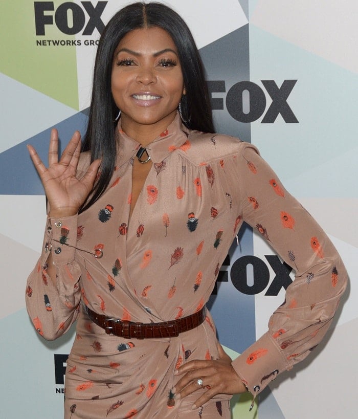 Taraji P. Henson shows off her engagement ring while attending the 2018 Fox Upfronts at Central Park’s Wollman Rink in New York City on May 14, 2018