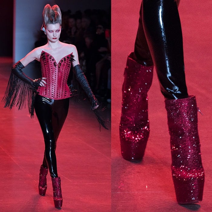 Christian Louboutin for The Blonds red glitter platform booties at The Blonds Fall 2018 fashion show.