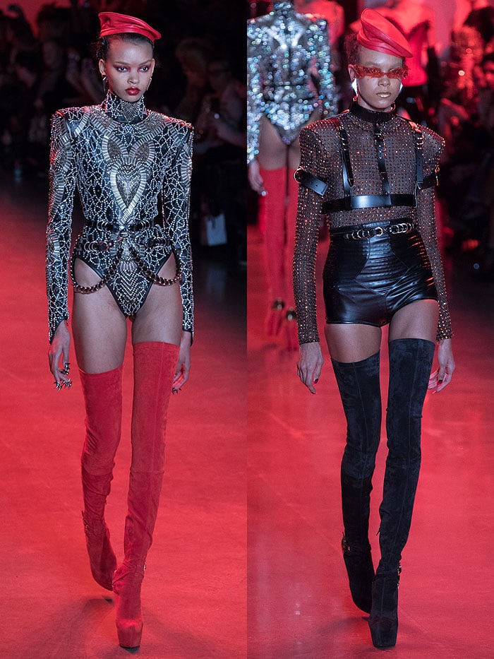 Models in Christian Louboutin for The Blonds stretch-suede thigh-high platform boots with gold heel cups.