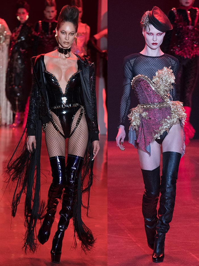 Models wearing Christian Louboutin for The Blonds slouchy thigh-high boots in black patent and black leather.