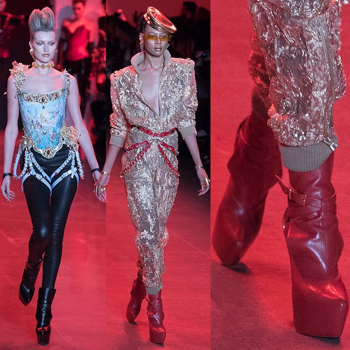 Models wearing Christian Louboutin for The Blonds slouchy platform boots.