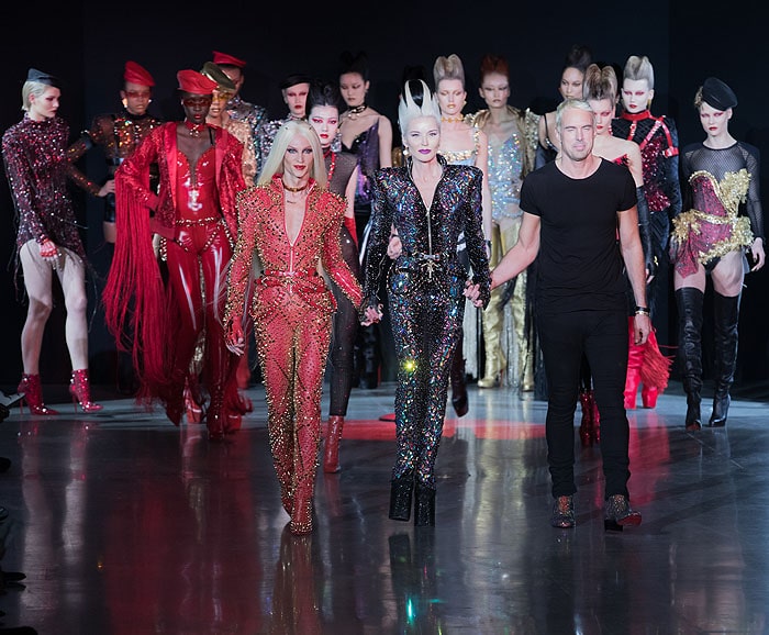 Daphne Guinness flanked by The Blonds designers, Phillipe and David Blond, at The Blonds Runway Show 2018 for NYFFW 2018 at Spring Studios in New York City.