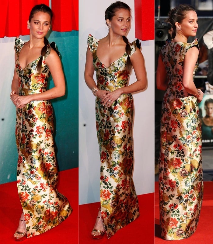 Alicia Vikander's Asian floral Louis Vuitton gown at the European premiere of 'Tomb Raider'