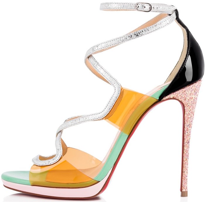 This sculptural sandal blends sunrise PVC with a slender silver vintage specchio leather cross strap that wraps around and fastens at the ankle