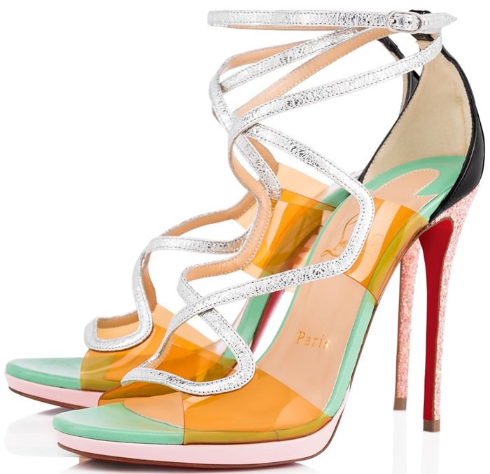 Accented by black, opal and pompadour patent leather, this eye-catching pair is finished with a 120mm dragonfly glitter heel