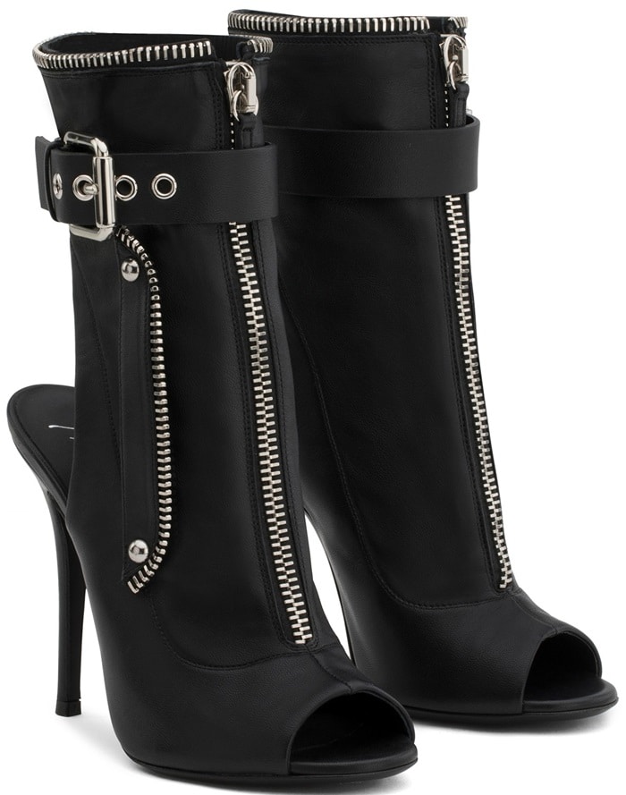 These black calf leather zip detail boots feature a front zip and buckle fastening