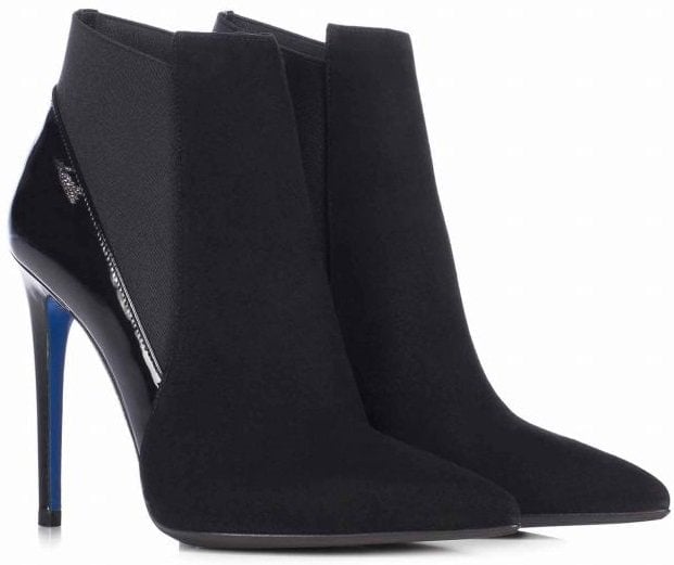 Black suede and patent pointed ankle boot with stretch insert and stiletto heel
