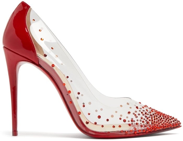They're shaped with a classic pointed toe and a high stiletto heel, and feature a transparent PVC frame adorned with red crystals