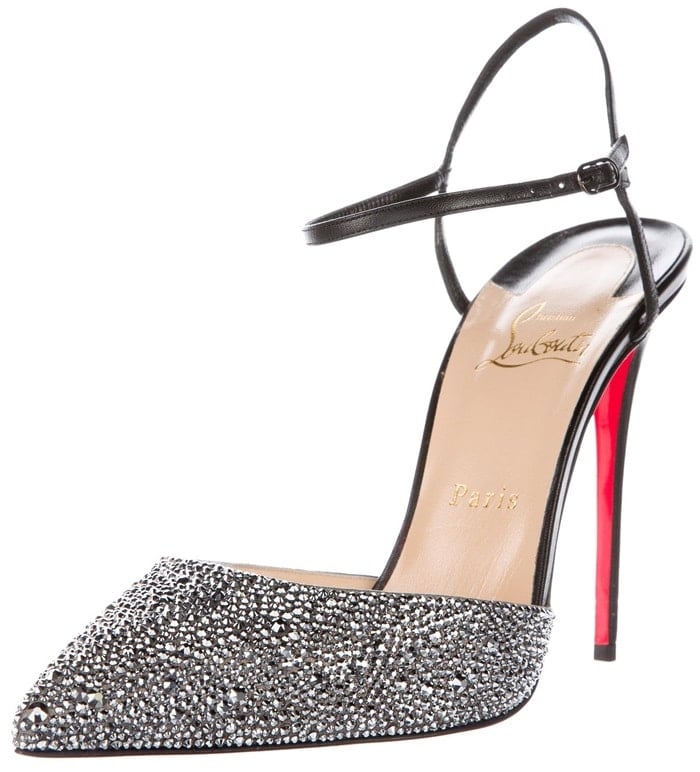 Black leather Christian Louboutin 'Rivierina' pumps with silver-tone vamps featuring Strass embellishments