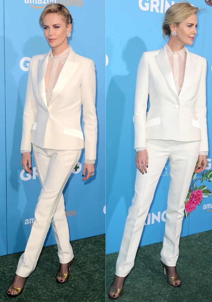 Charlize Theron wearing a Dior Haute Couture tuxedo suit at the ‘Gringo’ premiere