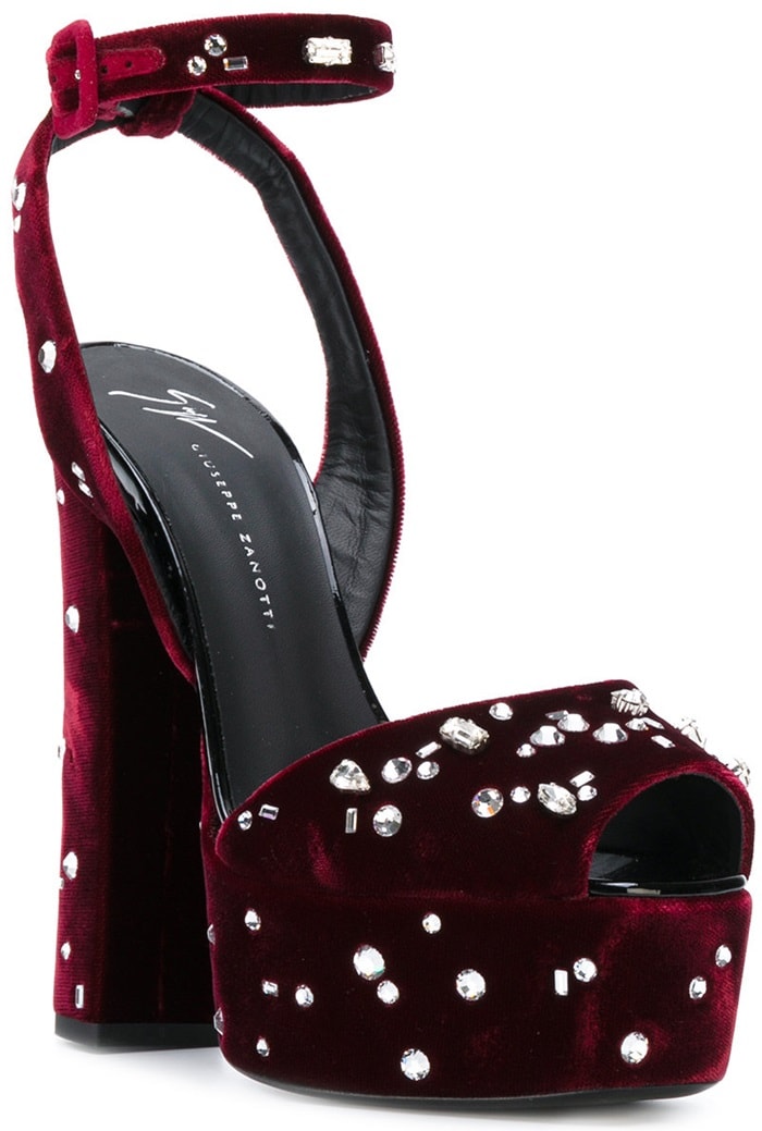 These burgundy and silver-toned velvet and leather embellished plaform sandals are a wardrobe must-have and feature a platform sole, an open toe, a chunky high heel, silver-tone stud detailing and an ankle strap with a side buckle fastening
