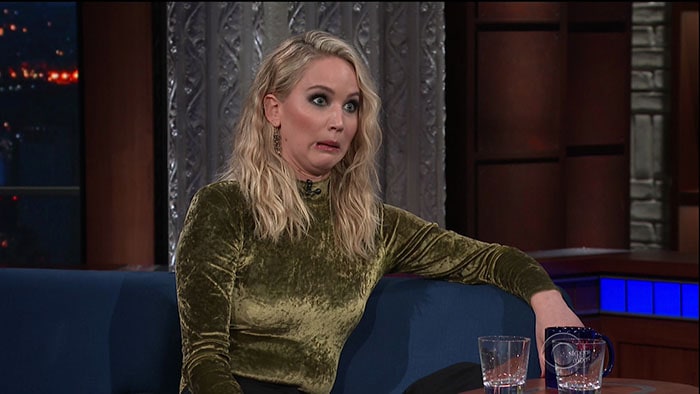 Jennifer Lawrence drunk on "The Late Show with Stephen Colbert."