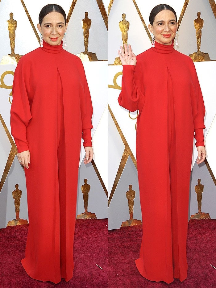 Maya Rudolph in a Valentino red jumpsuit and glass-heel sandals at the 2018 Oscars.