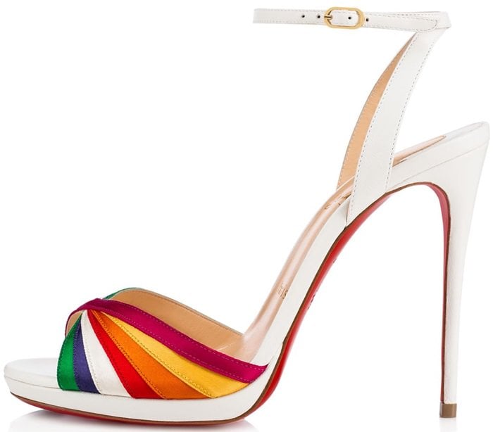 Rainbow satin stripes crisscross at the toe of a vintage-chic Italian sandal fashioned with a leg-lengthening stiletto heel