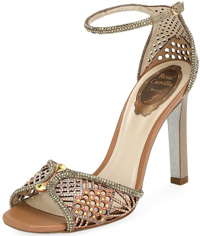 Rene Caovilla sandal in perforated leather and crystal-studded satin