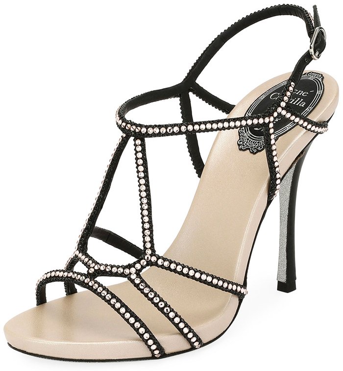 Rene Caovilla evening sandal in satin with two-tone crystals throughout