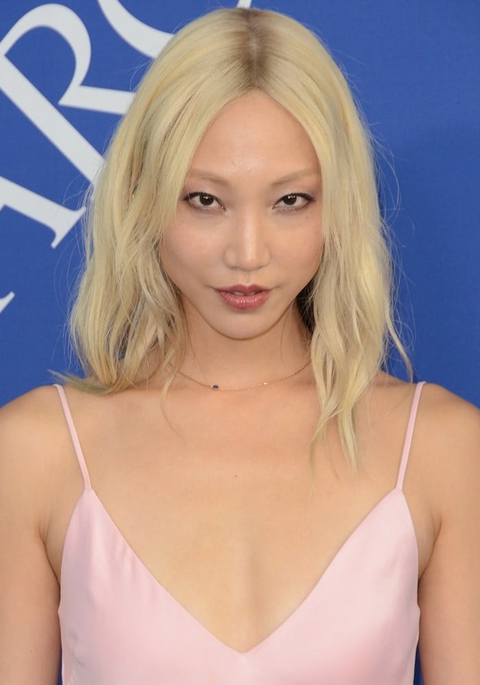 Soo Joo Park in a pink Frame dress at the 2018 CFDA Fashion Awards held at the Brooklyn Museum in New York City on June 4, 2018