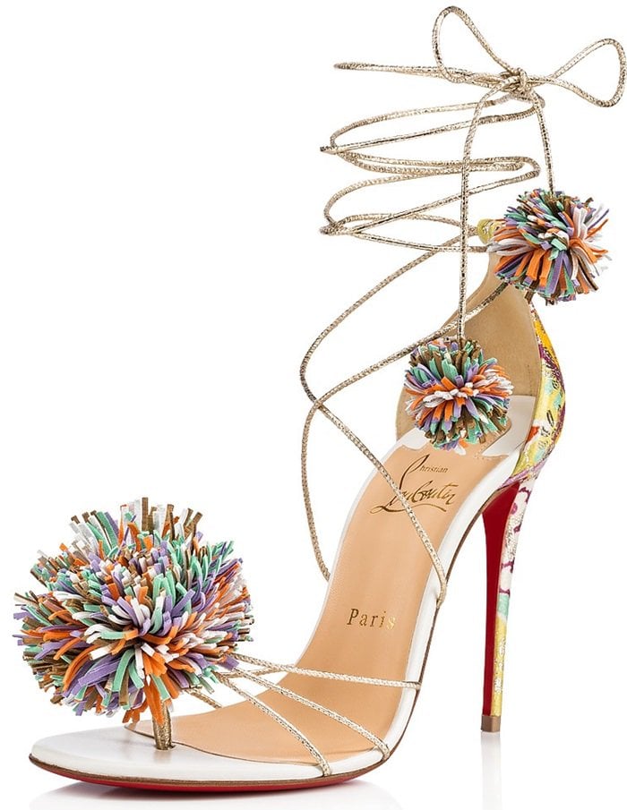 In a vibrant material mix, this 100mm sandal is finished with insouciant pompoms at the toe and laces