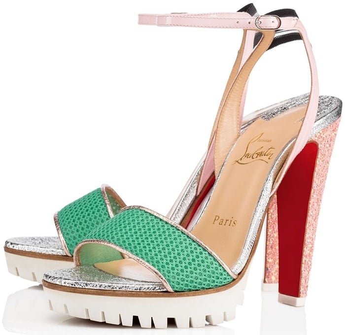 Featuring a sports-inspired opal mesh toe strap and an elasticated slingback, this mixed-material style is fortified by a lug sole platform and beautified by a 120mm dragonfly glitter heel