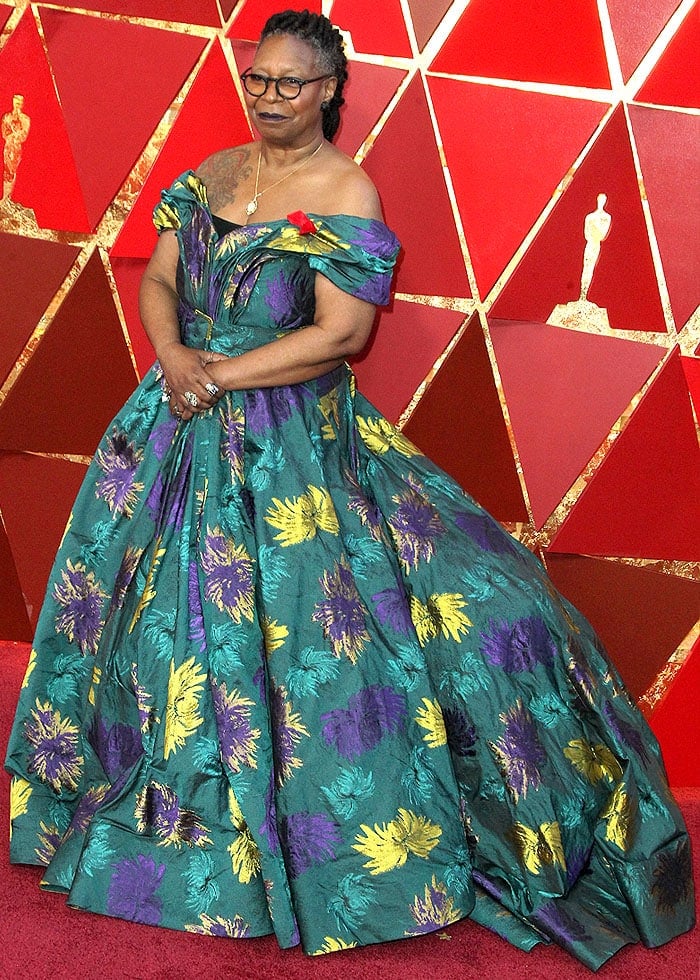 Whoopi Goldberg in Christian Siriano printed ball gown and hiker boots at the 2018 Oscars.