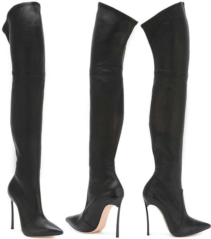 Perched on a remarkable 125mm stiletto heel, the statement boots also boast a slip-on style and a pointed toe