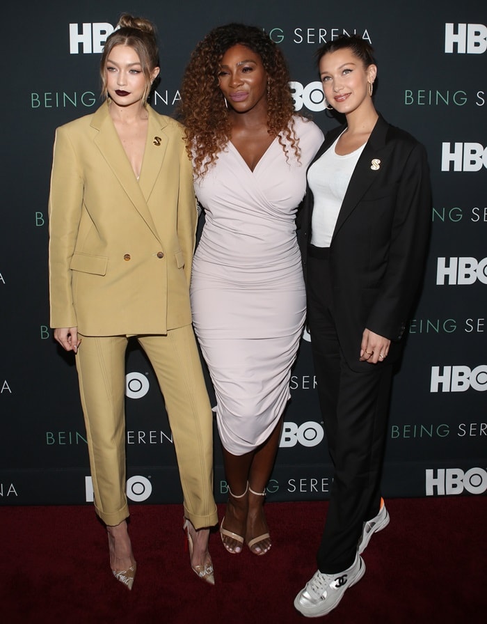 Serena Williams posing with Gigi and Bella Hadid at the premiere of 'Being Serena'