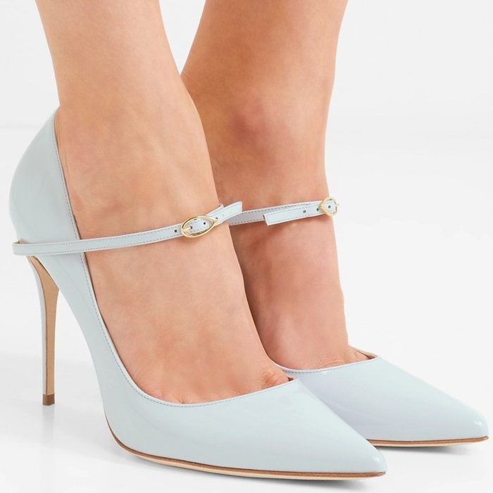 These 'Lorenzo' pumps are meticulously handcrafted from glossy sky-blue patent-leather and set on a pin-thin stiletto heel