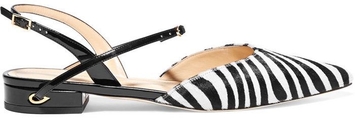 This point-toe pair is made from patent-leather and zebra-print calf hair