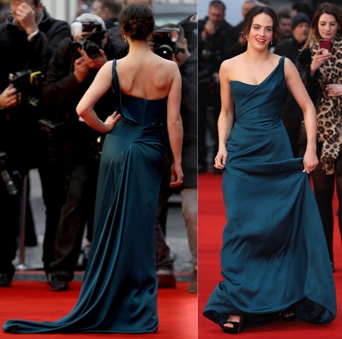 Jessica Brown Findlay in a glamorous dark-teal Vivienne Westwood Couture gown