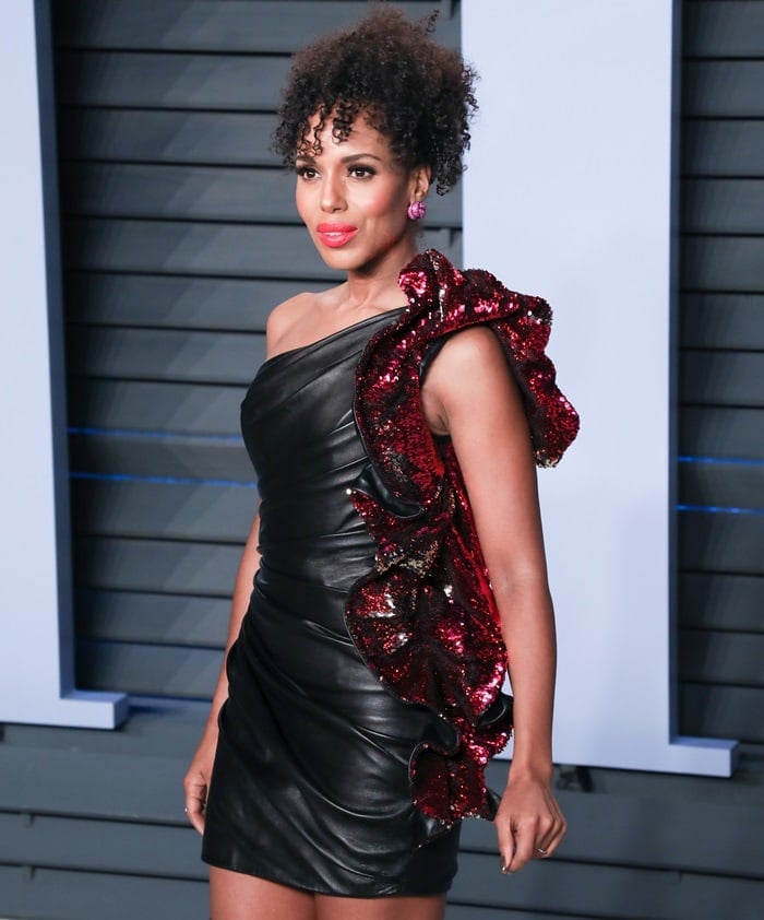 Kerry Washington striking a fierce pose in a leather dress from Alexandre Vauthier's Spring 2018 collection