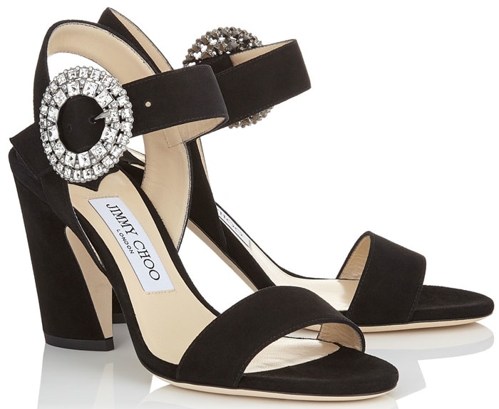 Black Suede Slingback 'Mischa' Sandals with Crystal Buckle