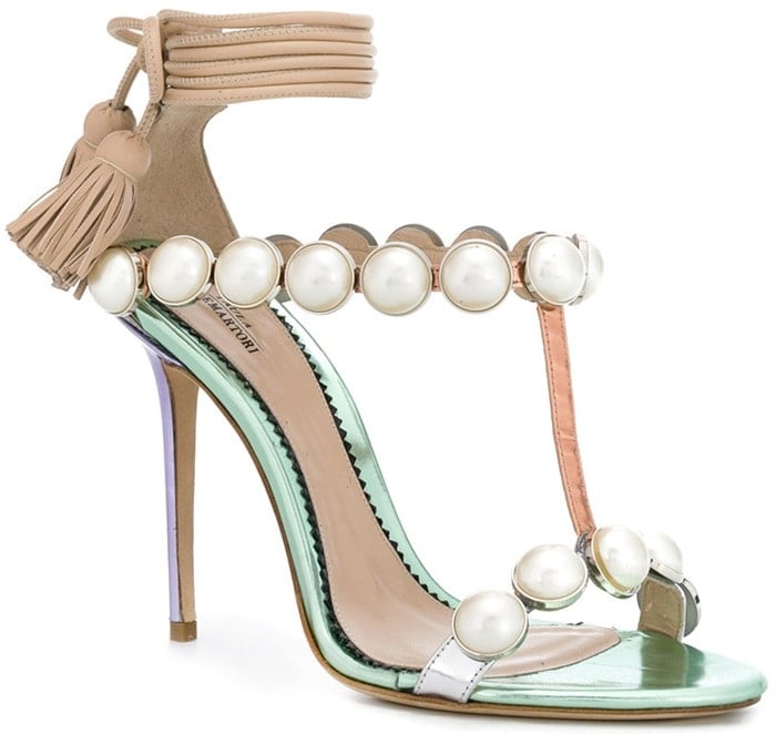 This mirrored leather version comes in an unexpectedly beautiful combination of green, lilac and rose gold embellished with rows of oversized faux-pearls