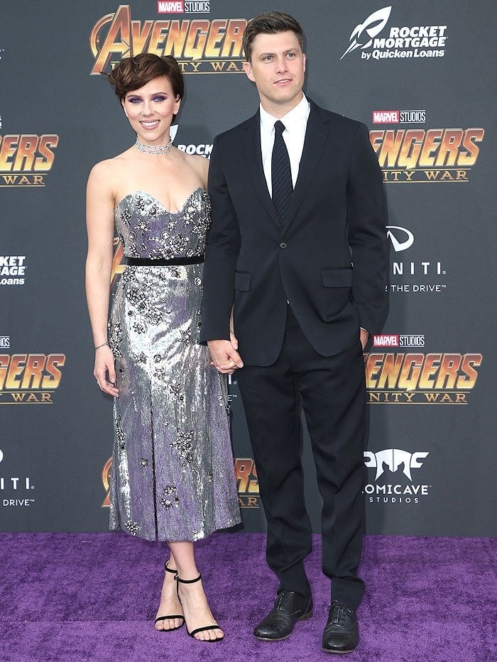 Couple Scarlett Johansson and Colin Jost at their first red carpet appearance together at the "Avengers: Infinity War" premiere in Los Angeles, California, on April 23, 2018.