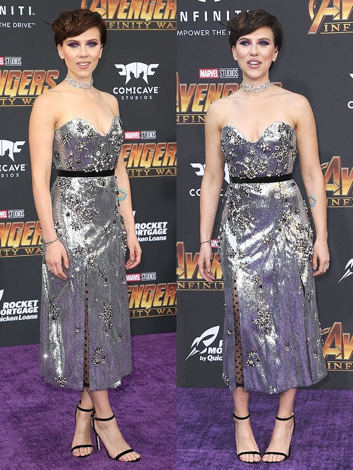 Scarlett Johansson in an Erdem fall 2018 silver strapless dress and Jimmy Choo 'Minny' black velvet sandals.