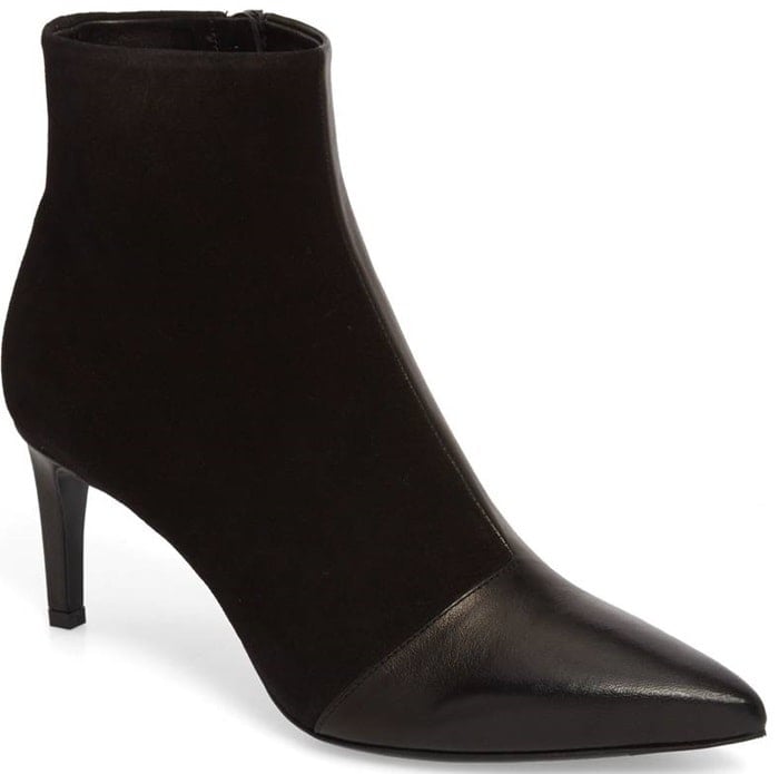 A slim, clean-lined silhouette featuring a pointy toe and setback stiletto makes this bootie perfect for adding a sharp finishing touch to your look