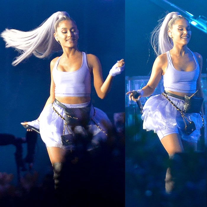 Ariana Grande performing at Coachella in Le Silla 'Eva' stretch-suede boots and a Chanel belt bag.