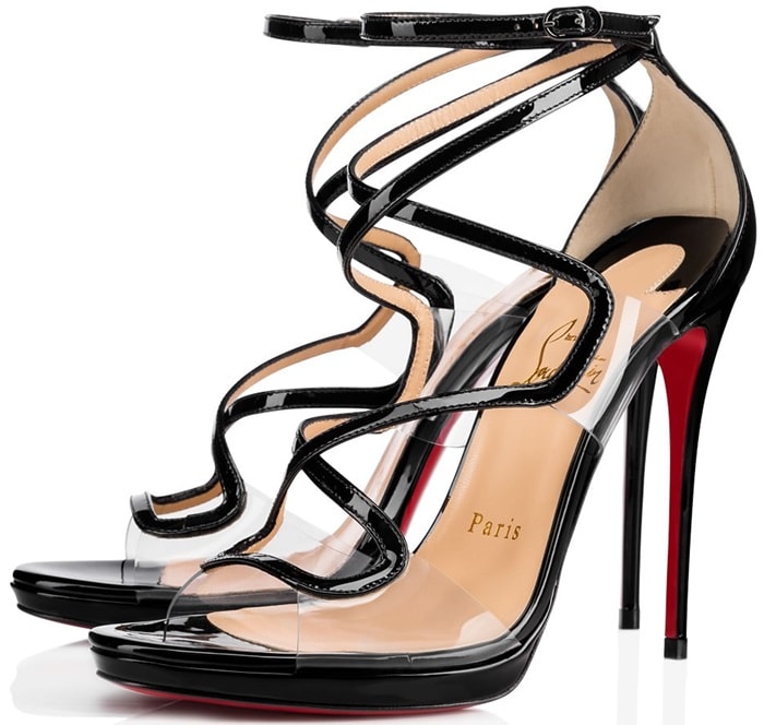These sandals are set on a spindle thin stiletto heel licked with the Parisian label’s iconic red lacquered sole