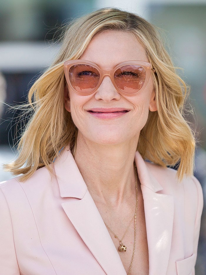 Cate Blanchett wearing Andy Wolf 'Grace' pink cat-eye sunglasses.