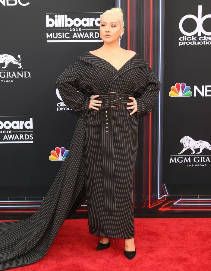 Christina Aguilera looked completely overwhelmed in a custom pinstripe 16Arlington jacket dress
