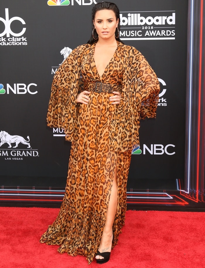 Demi Lovato in a cheetah printed floor length dress from Christian Dior's Resort 2009 collection