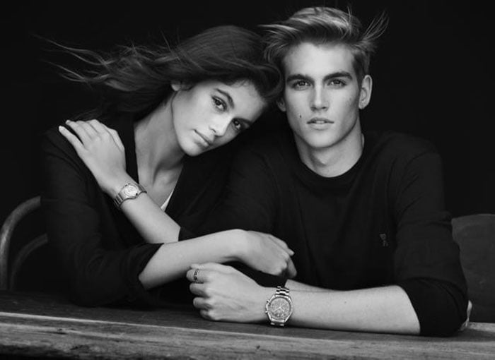 Siblings Kaia Gerber and Presley Gerber starring in the Omega Her Time campaign.