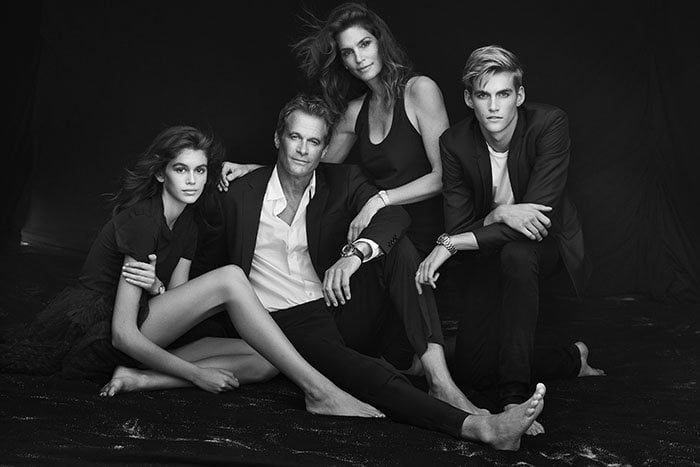 Kaia Gerber, Rande Gerber, Cindy Crawford, and Presley Gerber star in the Omega Her Time'campaign.