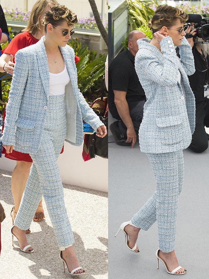 Kristen Stewart in a blue Chanel suit and white Aquazzura 'Casablanca' sandals.